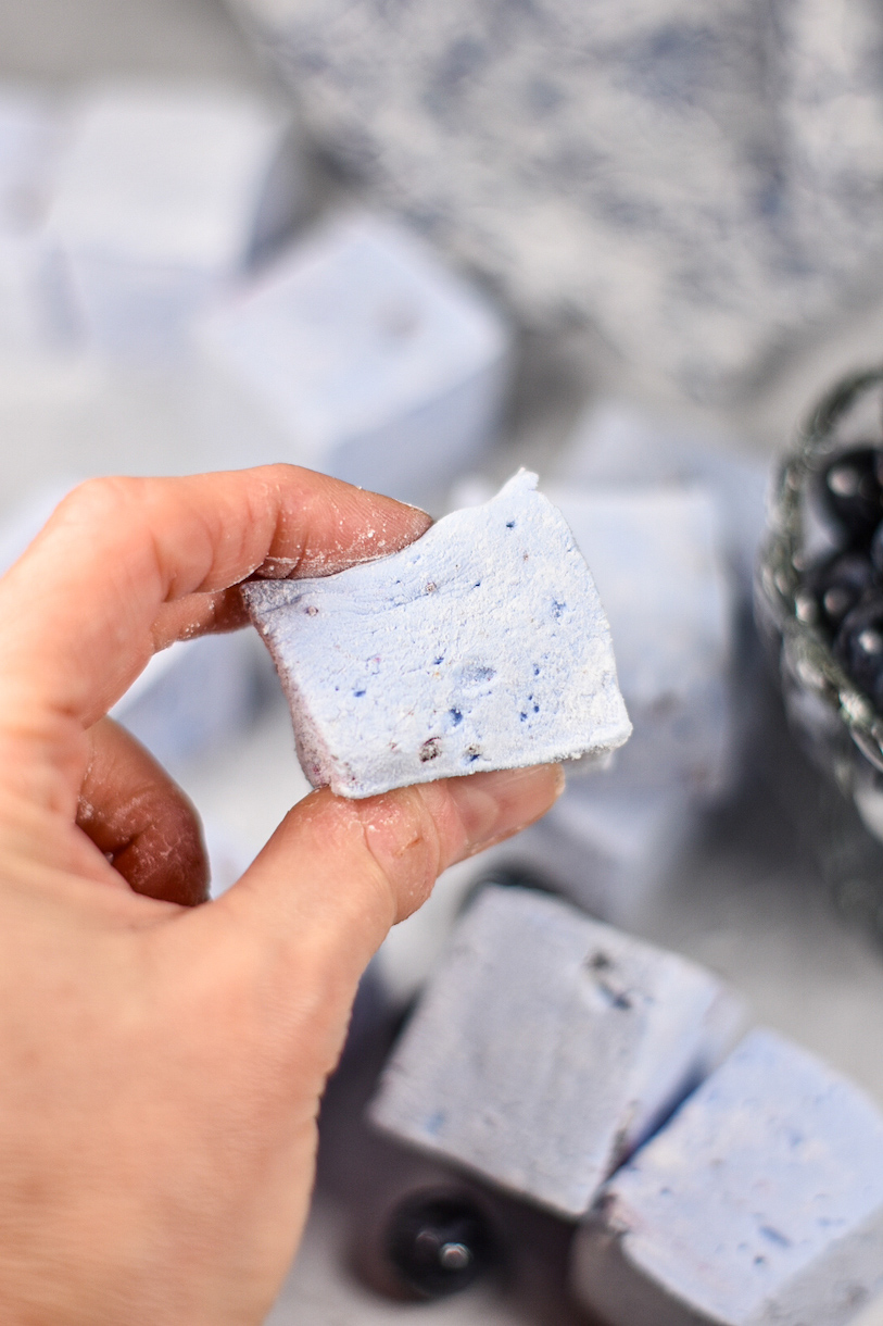 Hand holding a blueberry marshmallow