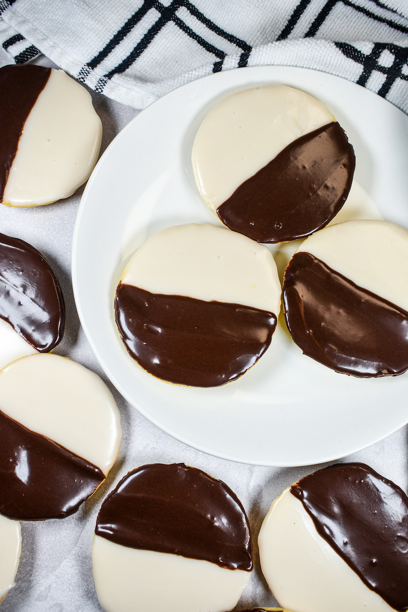 black and white cookies on a white plate