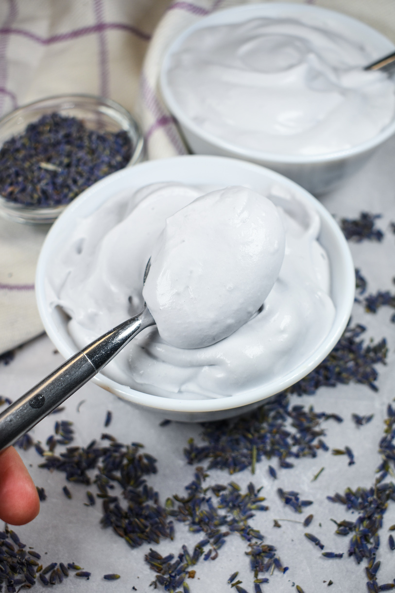 Spoonful of lavender infused whipped cream