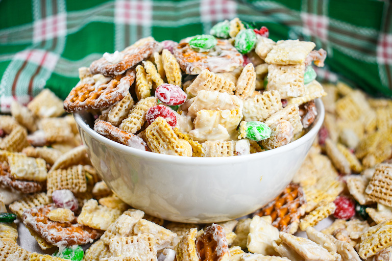 A bowl of Christmas chex mix