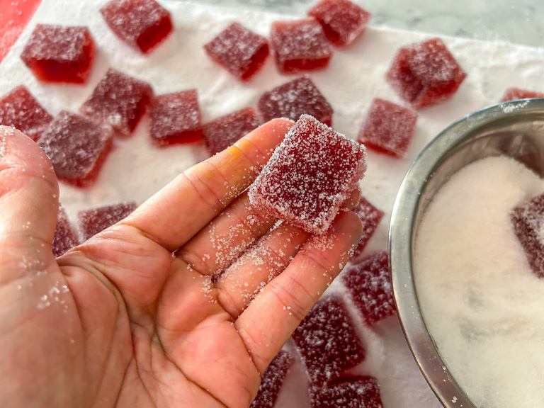 Hand holding a cranberry candy
