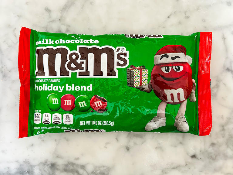 A bag of Christmas M&Ms