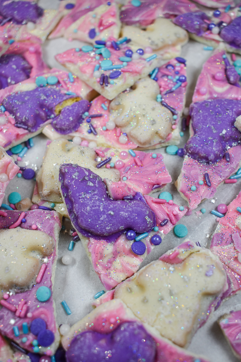 unicorn bark arranged on a white surface