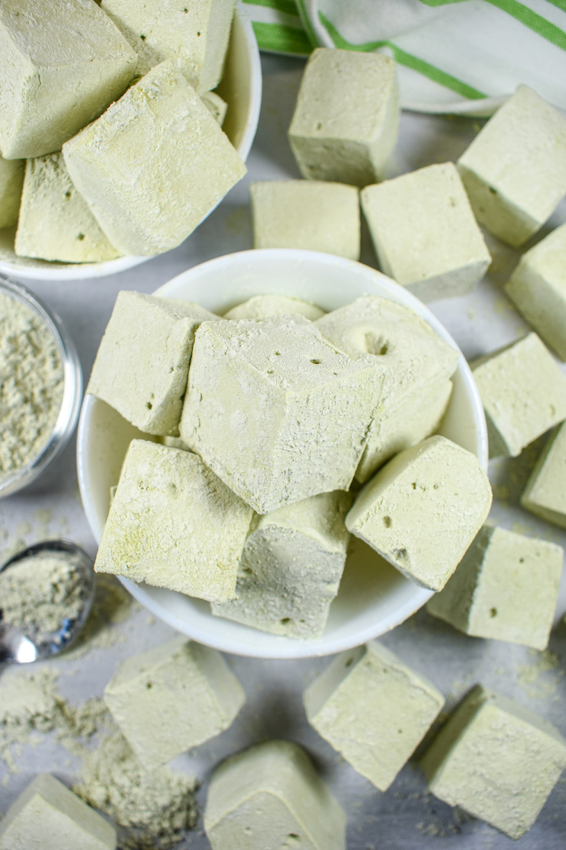 A bowl of homemade matcha green tea marshmallows