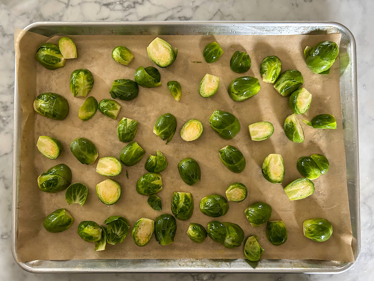 sliced brussels sprouts on a tray