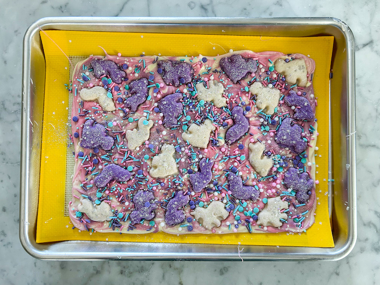 Unicorn bark candy cooling on a small tray