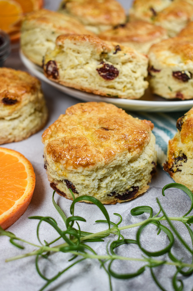 A plate of cranberry scones and sprigs of rosemary on a grey surface