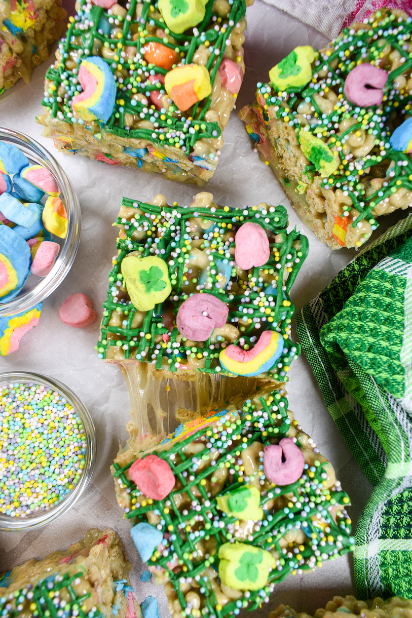 Lucky Charms treats arranged on a white surface