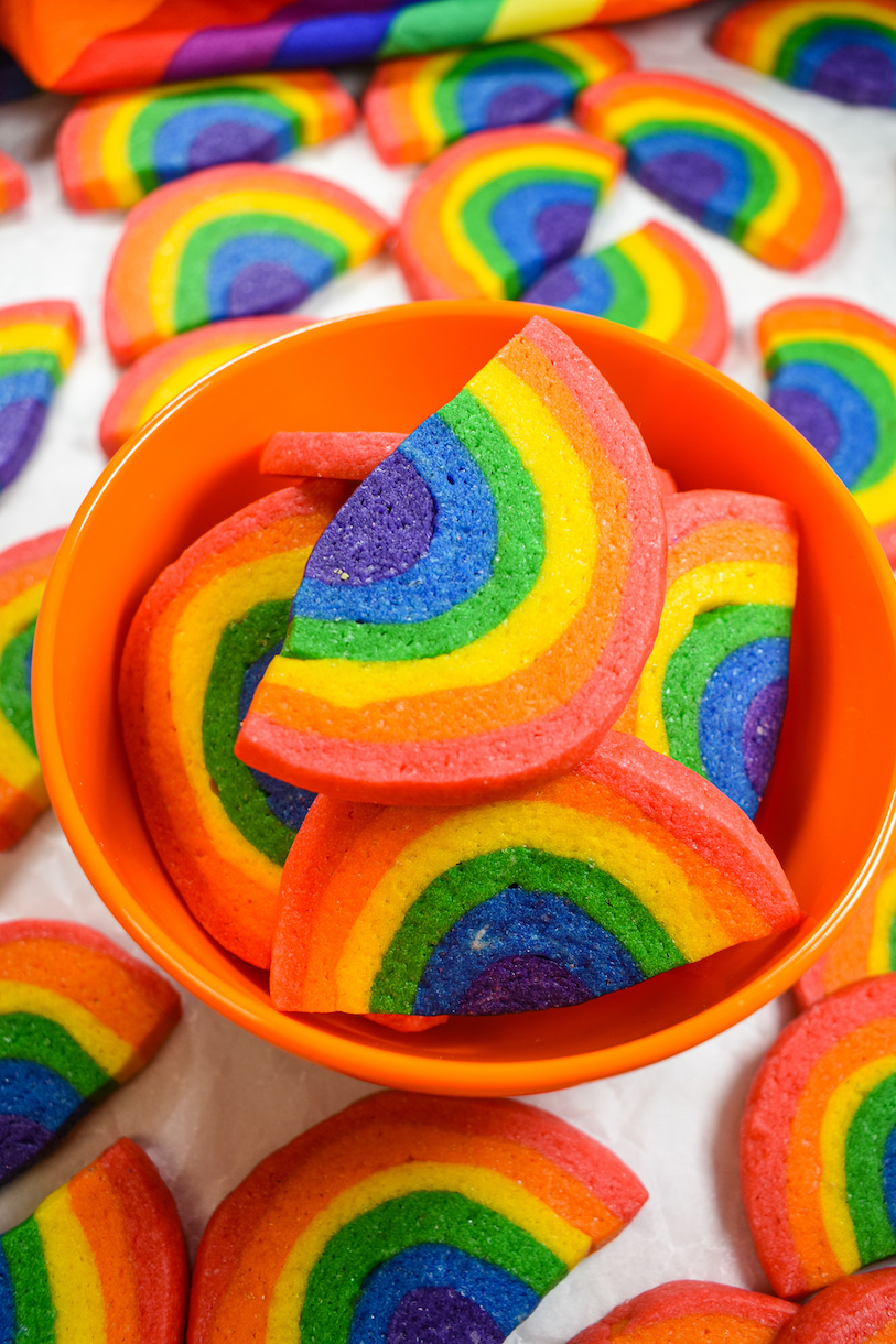 a bowl of rainbow cookies