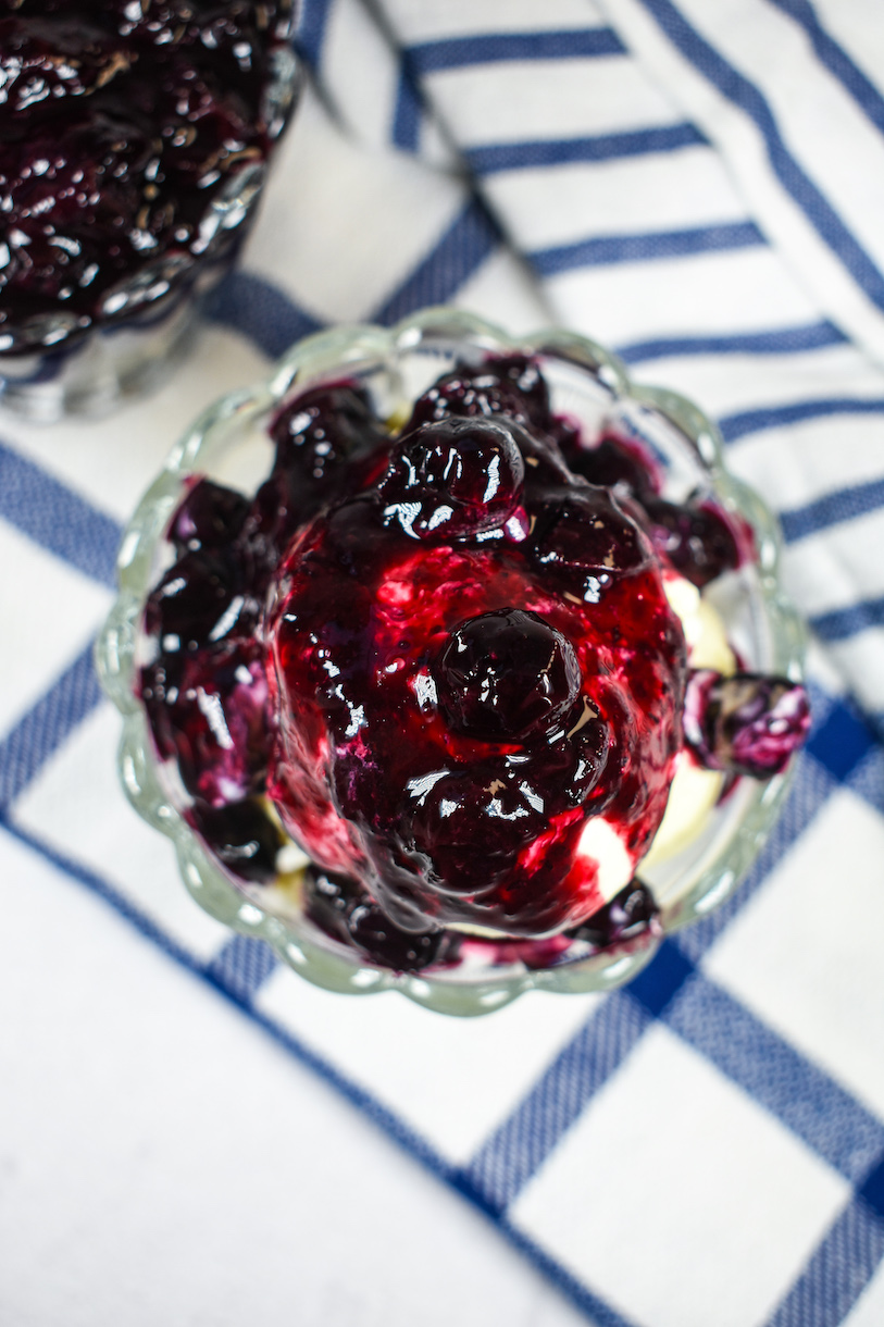 Looking down at a dish of blueberry compote