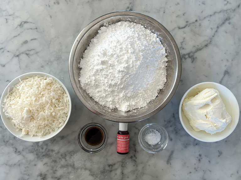 Easter truffle ingredients arranged on a marble surface