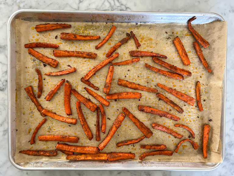 Carrot fries on a tray
