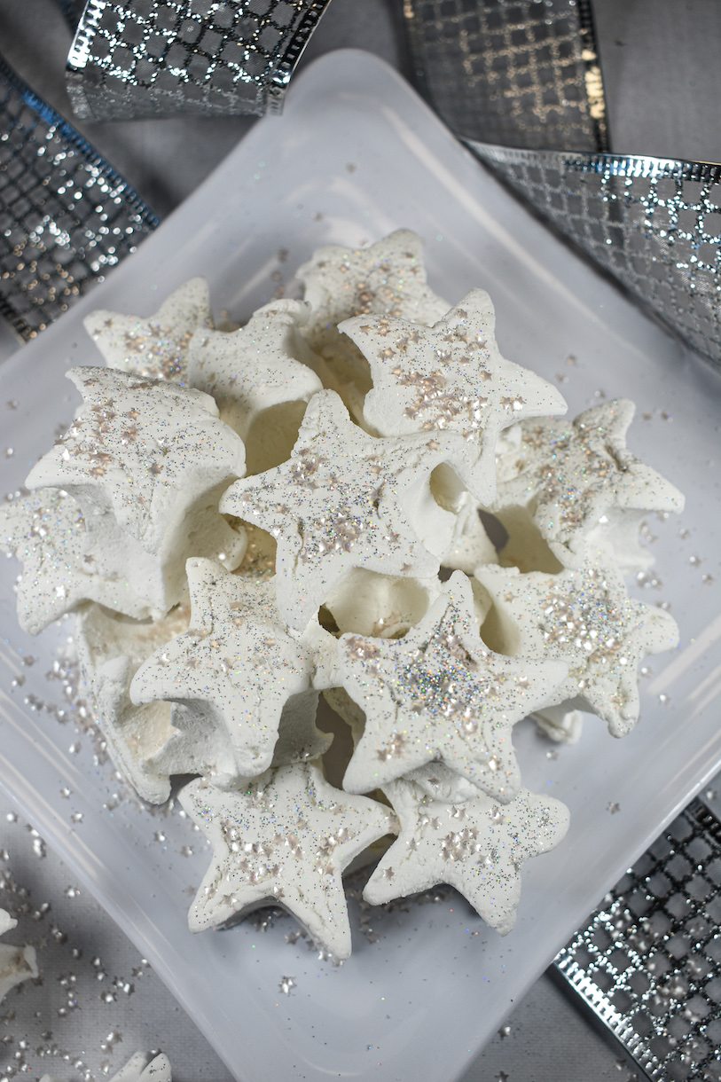 plate of star marshmallows surrounded by silver ribbons
