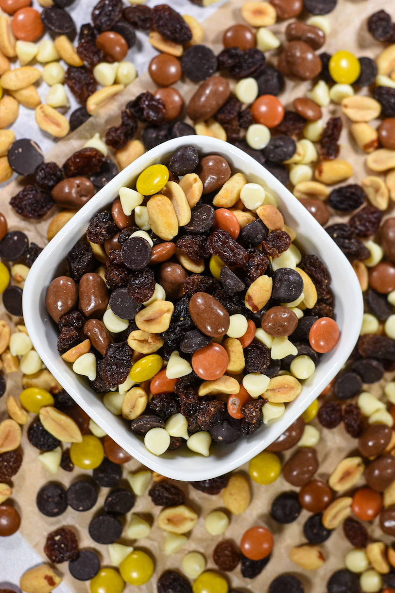 A bowl of peanut butter trail mix