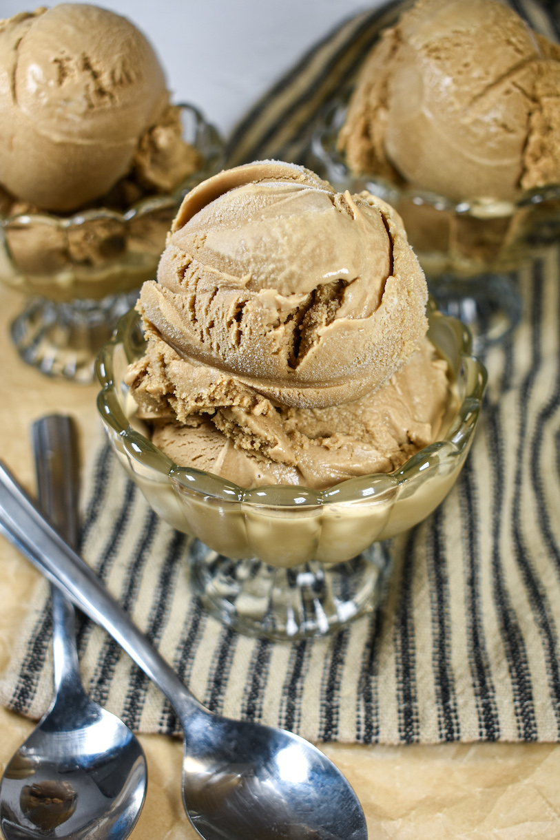 A glass dish of cold brew ice cream