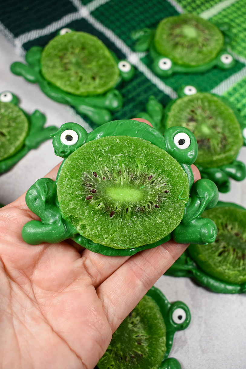 Hand holding a green chocolate frog with a slice of dried kiwi and candy eyeballs