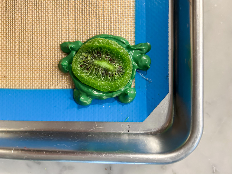 Piped chocolate frog with dried kiwi on top