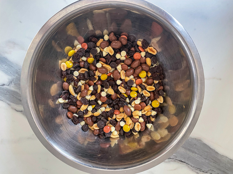 A bowl of peanut butter chocolate trail mix