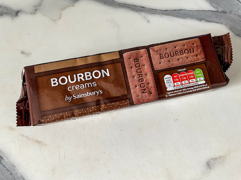 A packet of Sainsbury's bourbon creams