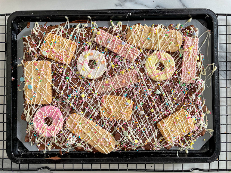 Chocolate Biscuit bark cooling on a tray