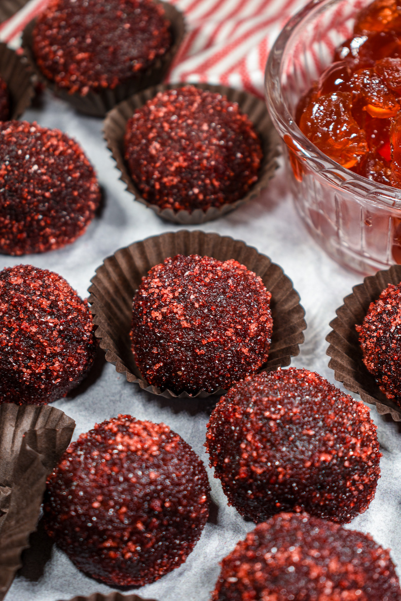Cherry cola truffles rolled in red sugar