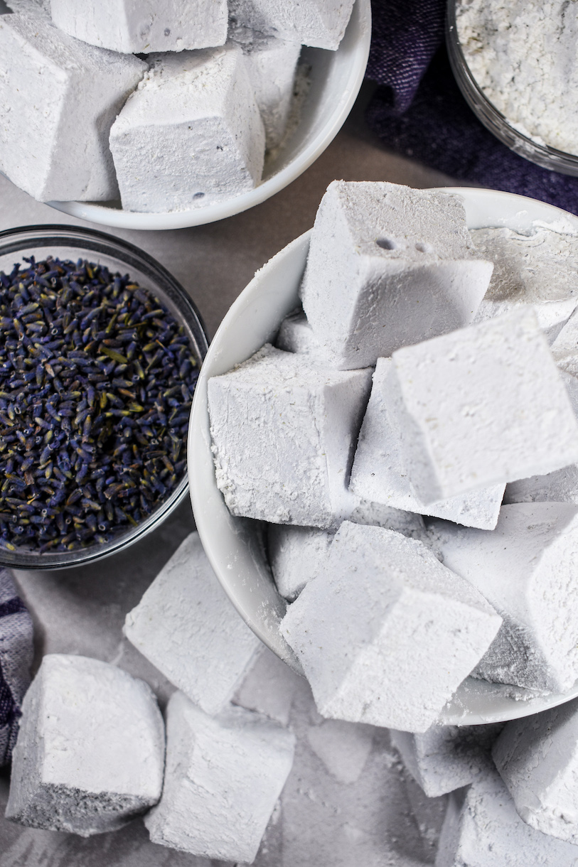 A bowl of lavender marshmallows