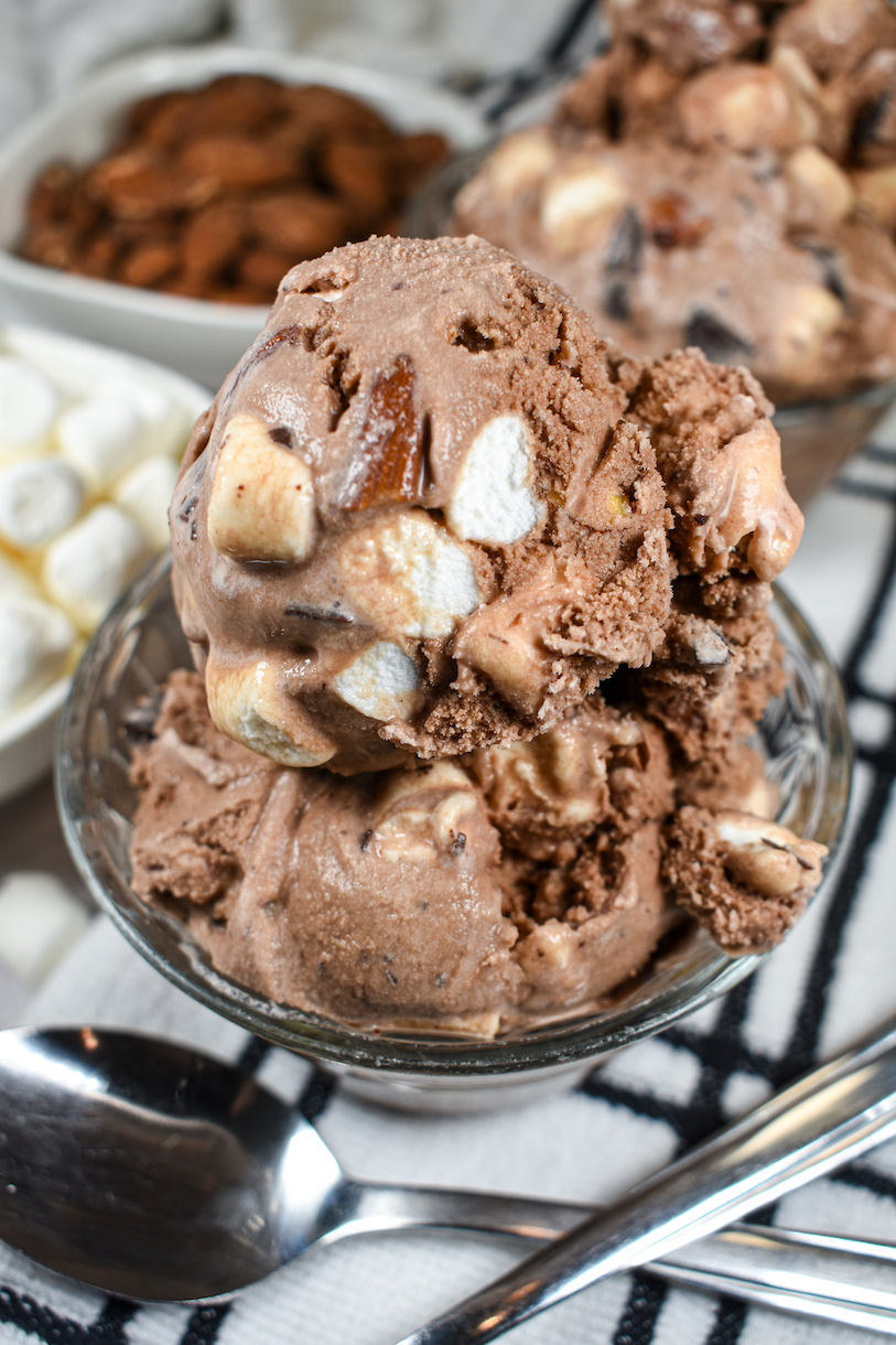 A dish of homemade rocky road ice cream