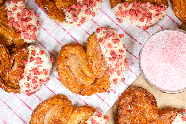 Strawberry palmiers and a dish of strawberry sugar