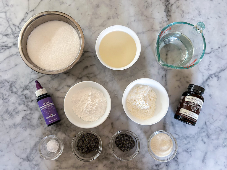 Lavender marshmallow recipe ingredients on a marble surface