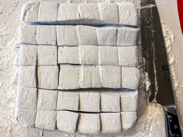 Slicing marshmallows with a sharp knife