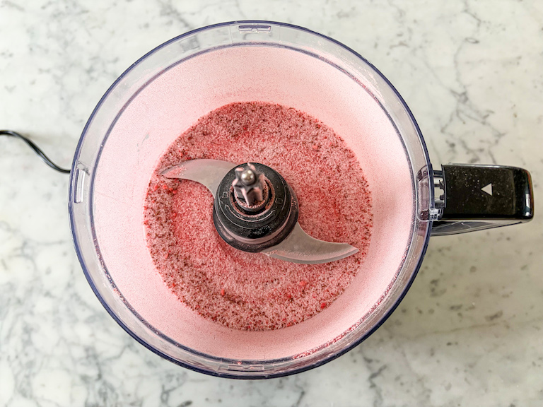 Strawberry powder in a food processor