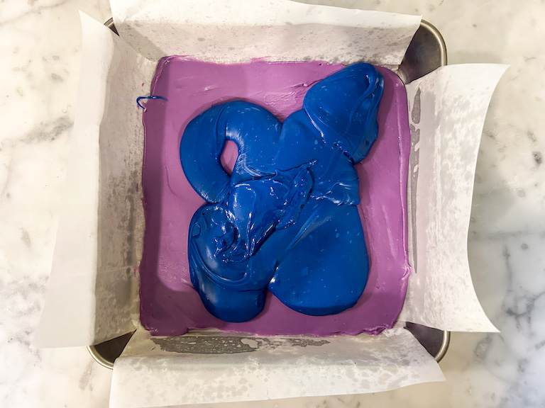 Purple and blue fudge in a pan 