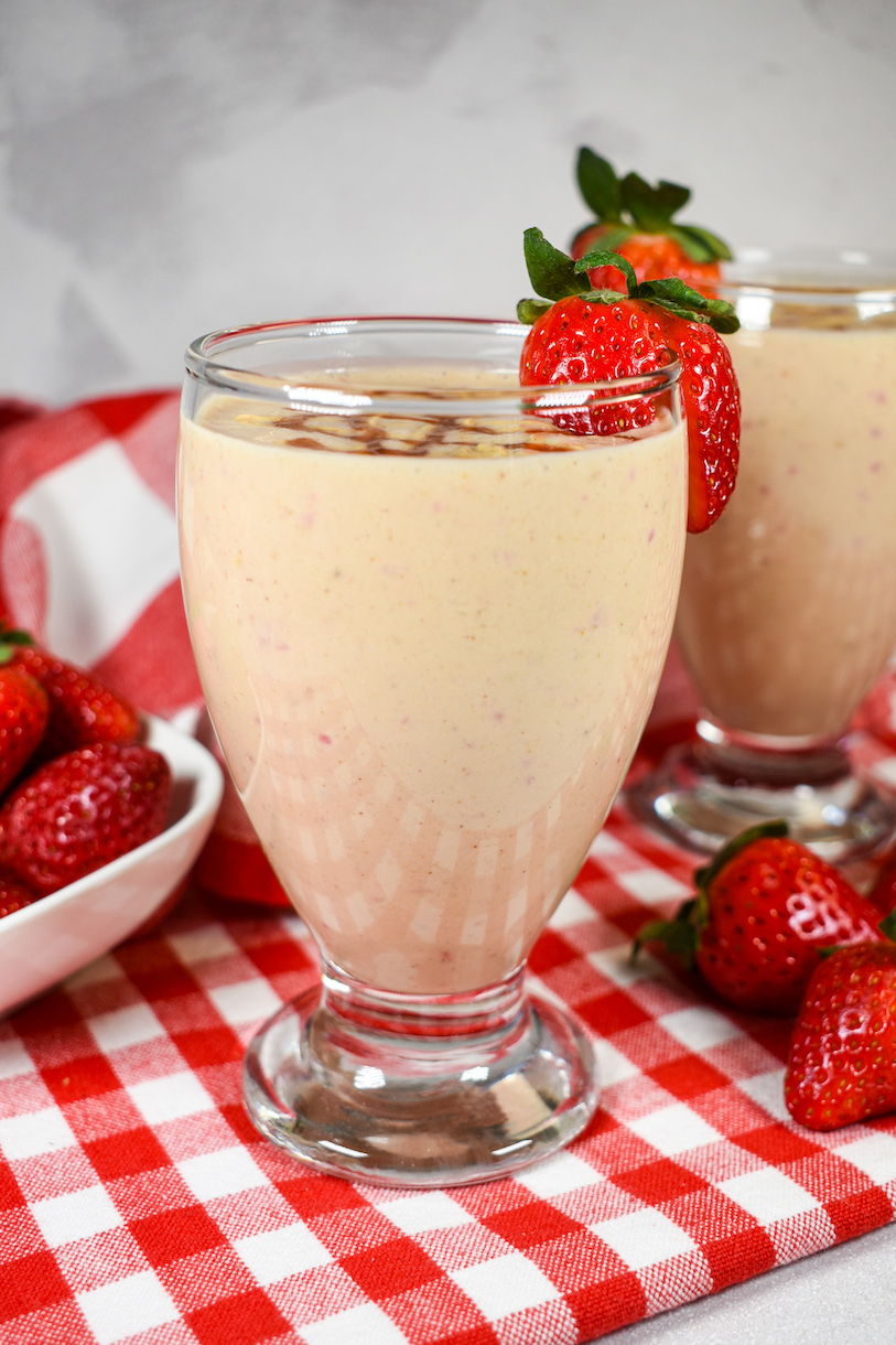 A PB&J Smoothie in a glass