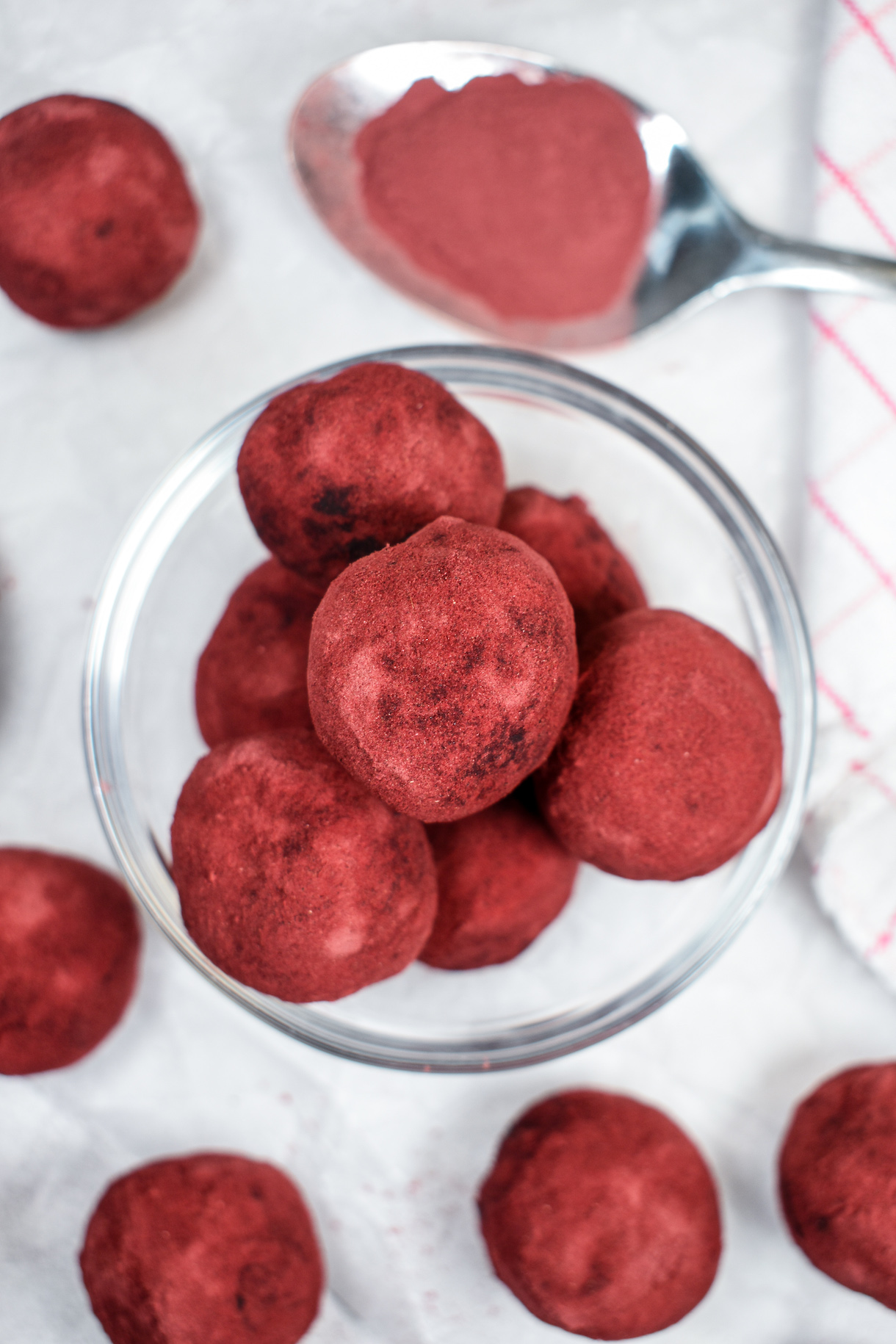 dark chocolate and beetroot truffles in a glass dish