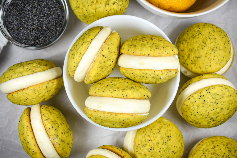 Looking down at a bowl of lemon whoopie pies