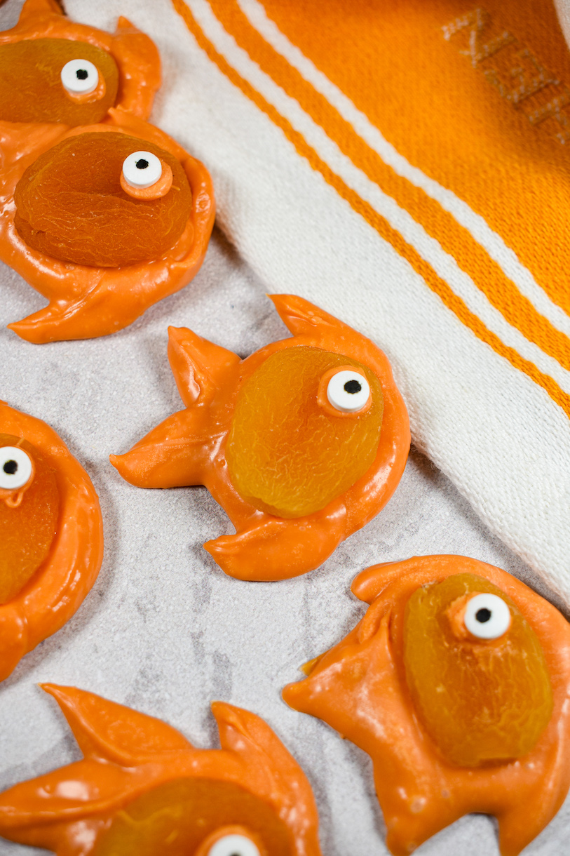 chocolate apricot goldfish on a white surface