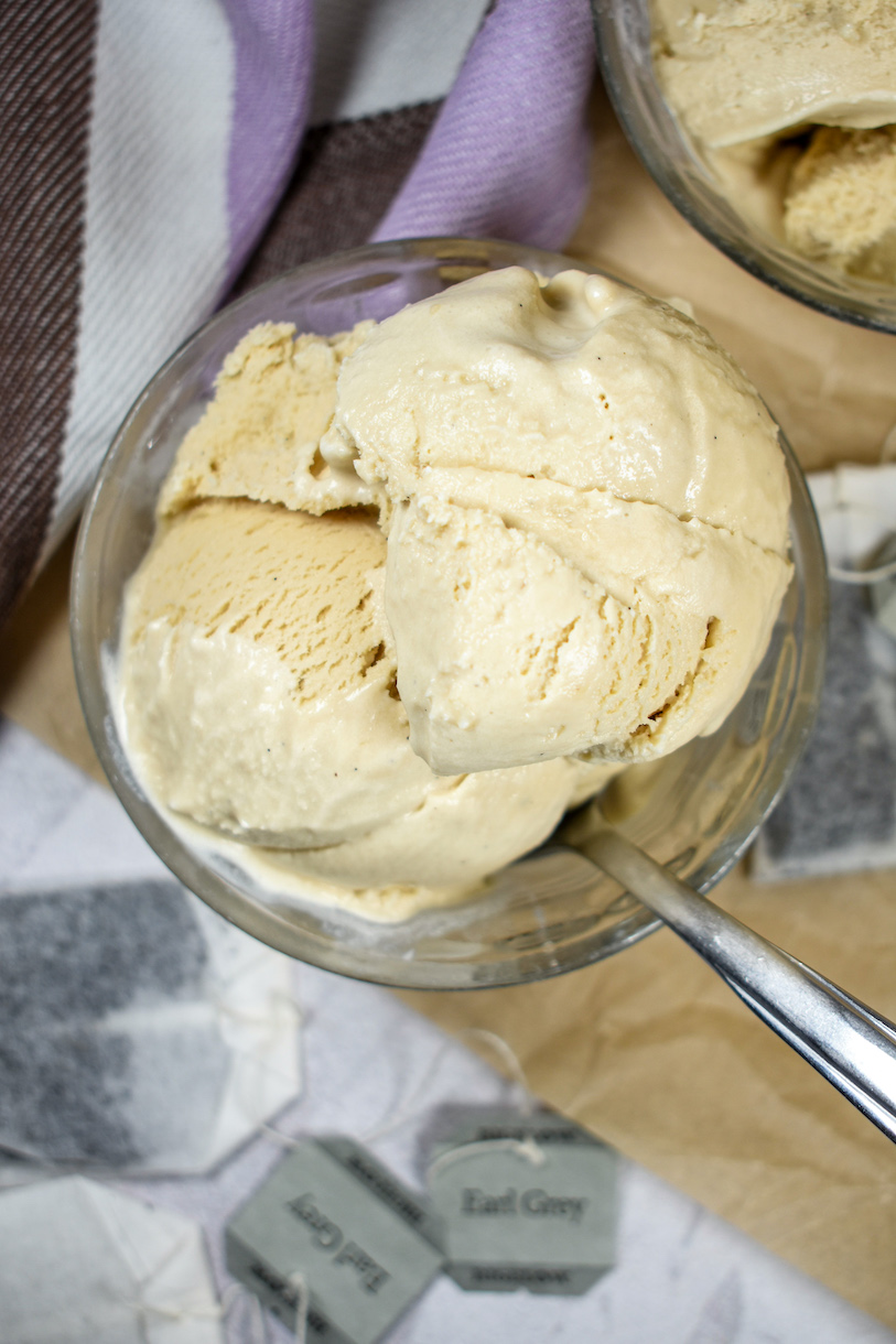 Looking down at a dish of Earl Grey ice cream