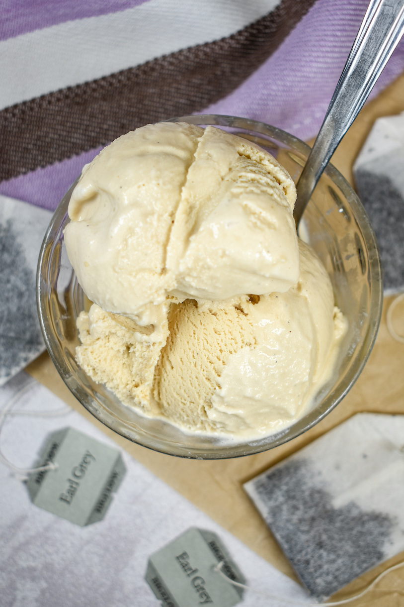 a dish of earl grey ice cream with a spoon