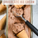A loaf pan of chocolate ice cream with a scoop and ice cream cones