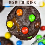 A stack of chocolate caramel M&M cookies