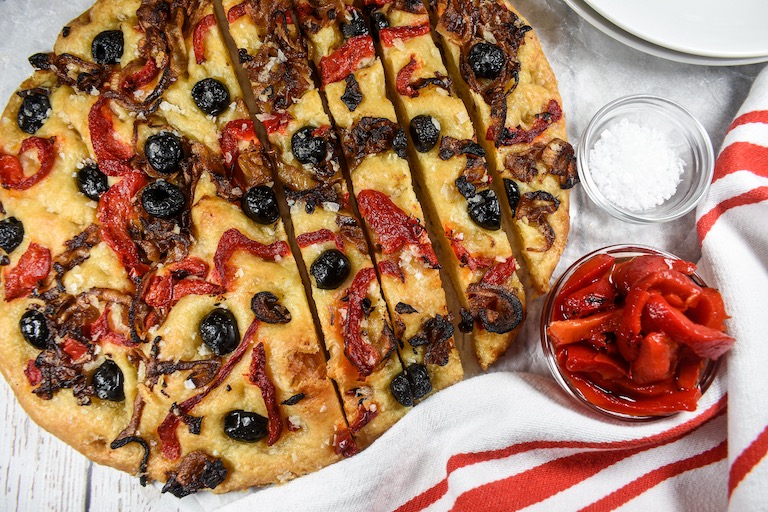 A loaf of caramelized onion and roasted red pepper focaccia