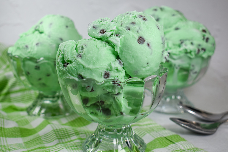 Dishes of mint chocolate chip ice cream