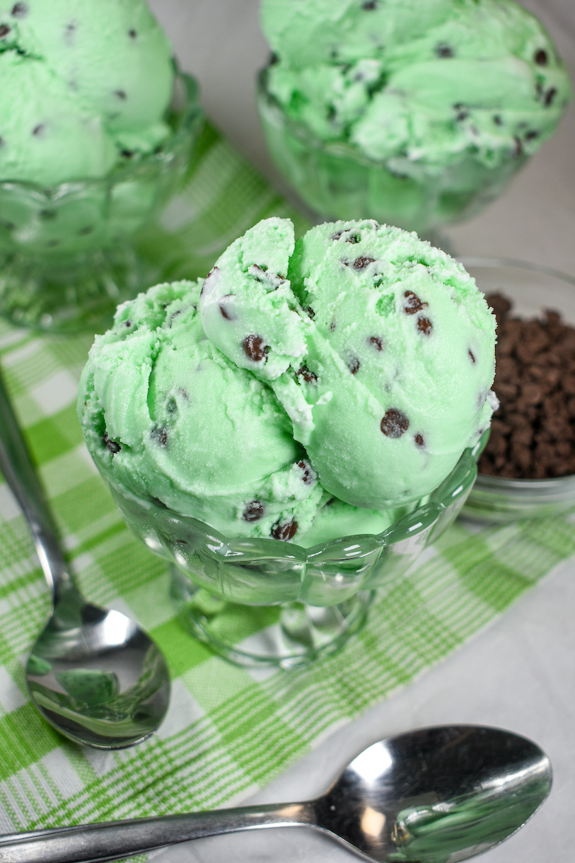A dish of mint choco chip ice cream on a green plaid towel