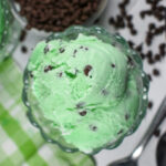 a dish of homemade mint chocolate chip ice cream