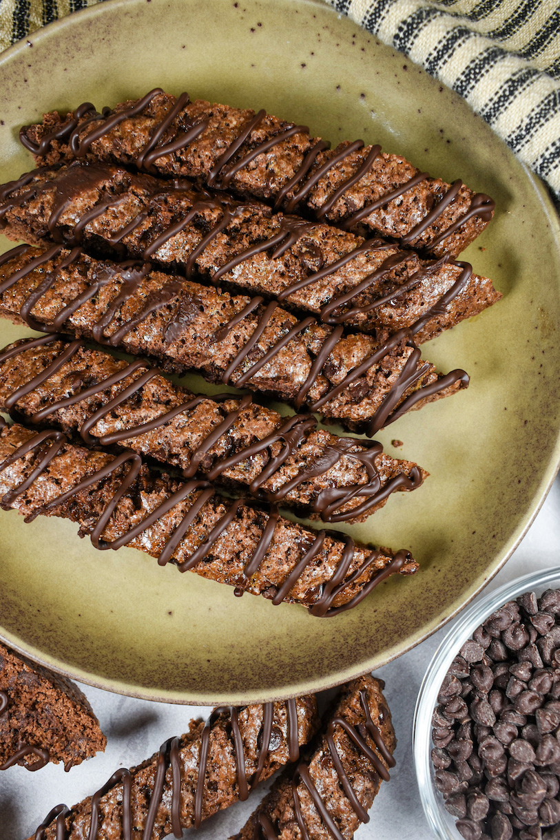 A plate of double chocolate chip biscotti