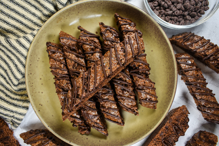 Chocolate biscotti slices on a plate