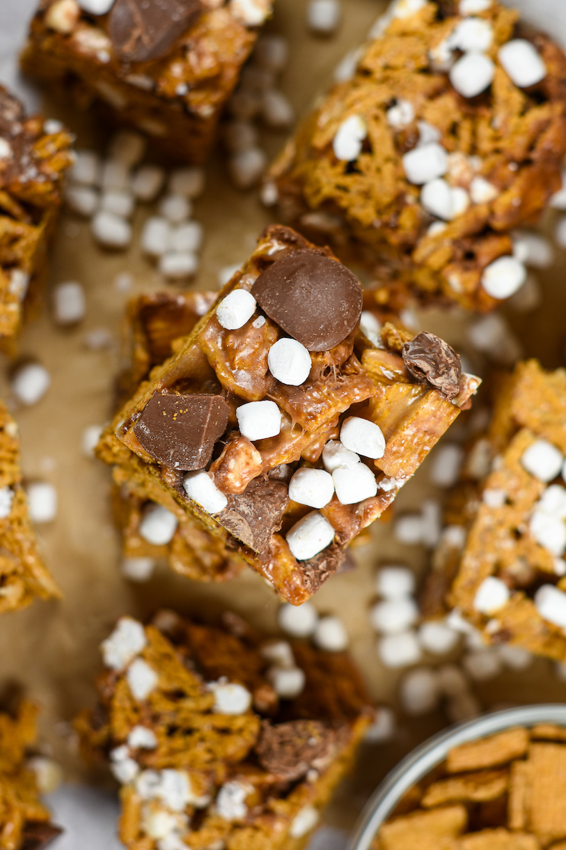 Looking down at a stack of s'mores Golden Graham bars