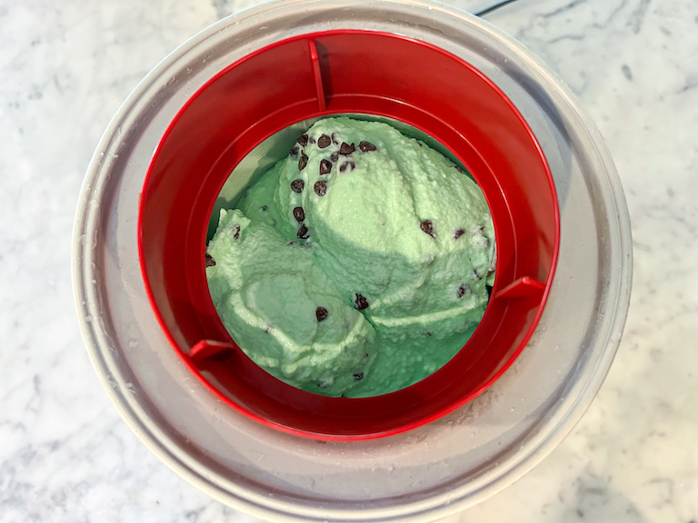 Mint chocolate chip ice cream churned in an ice cream maker
