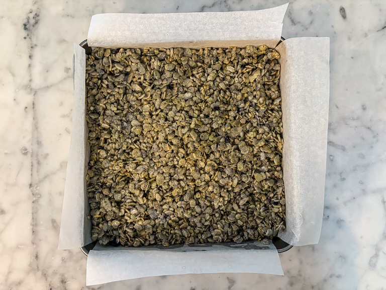 A pan of blueberry cereal treats