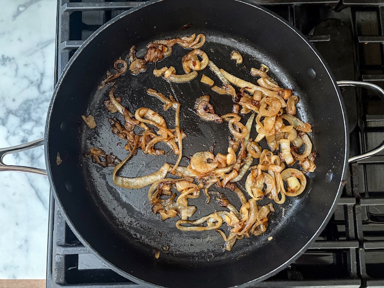 Caramelized onions in a pan on the stovetop